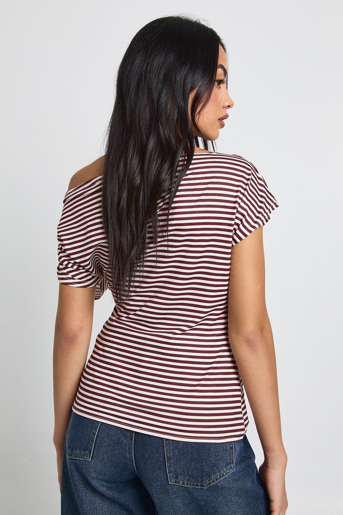 Striped Off Shoulder Cinched Waist Top