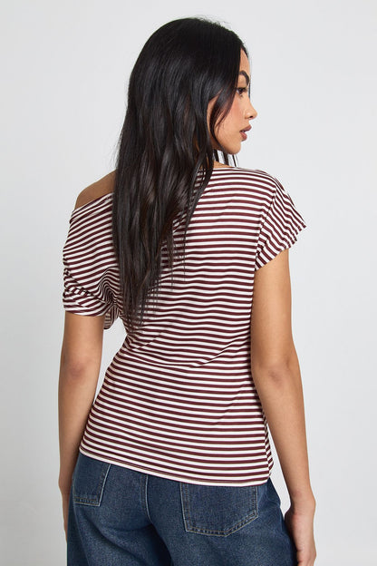Striped Off Shoulder Cinched Waist Top