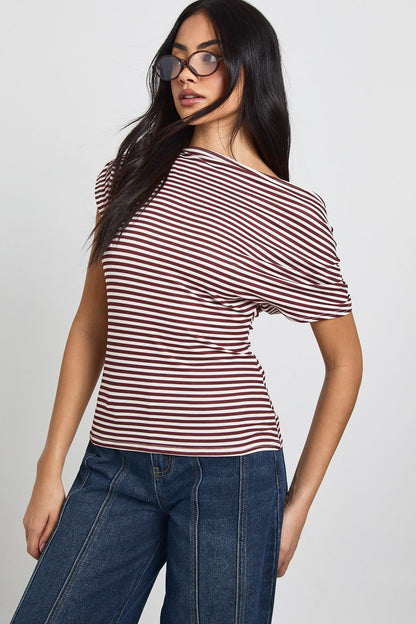 Striped Off Shoulder Cinched Waist Top