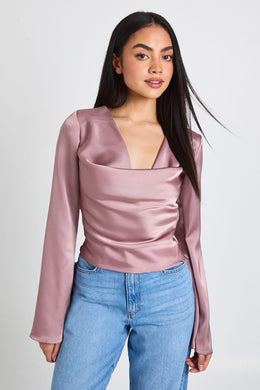 Long Sleeve Satin Cowl Neck Top