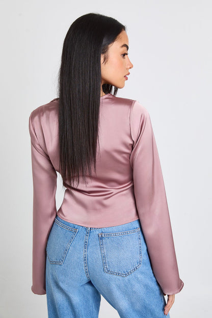 Long Sleeve Satin Cowl Neck Top