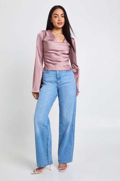 Long Sleeve Satin Cowl Neck Top