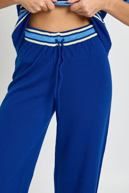 Placket Collar Short Sleeve Stripe Knitted Top And Trouser
