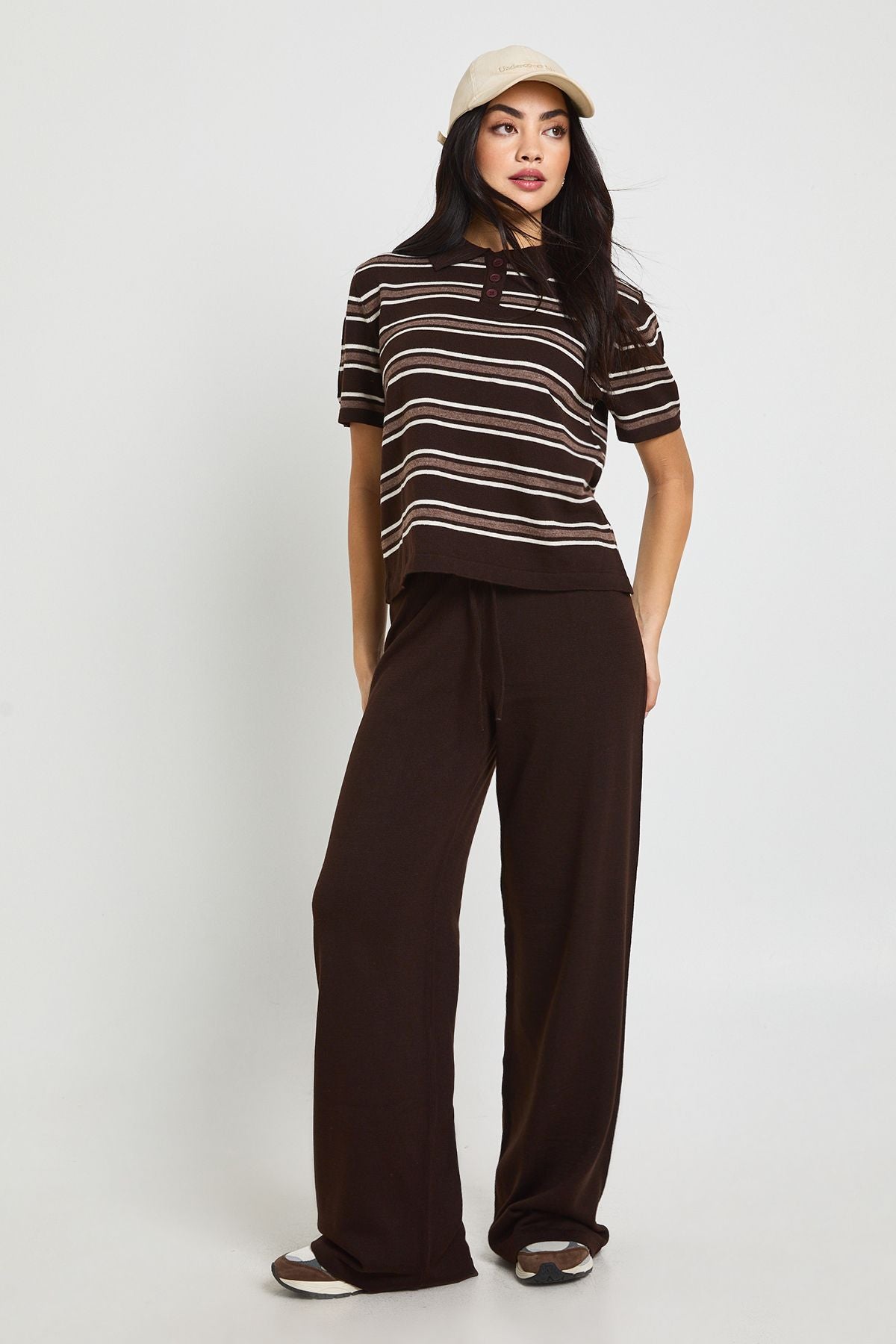 Placket Collar Short Sleeve Stripe Knitted Top And Trouser