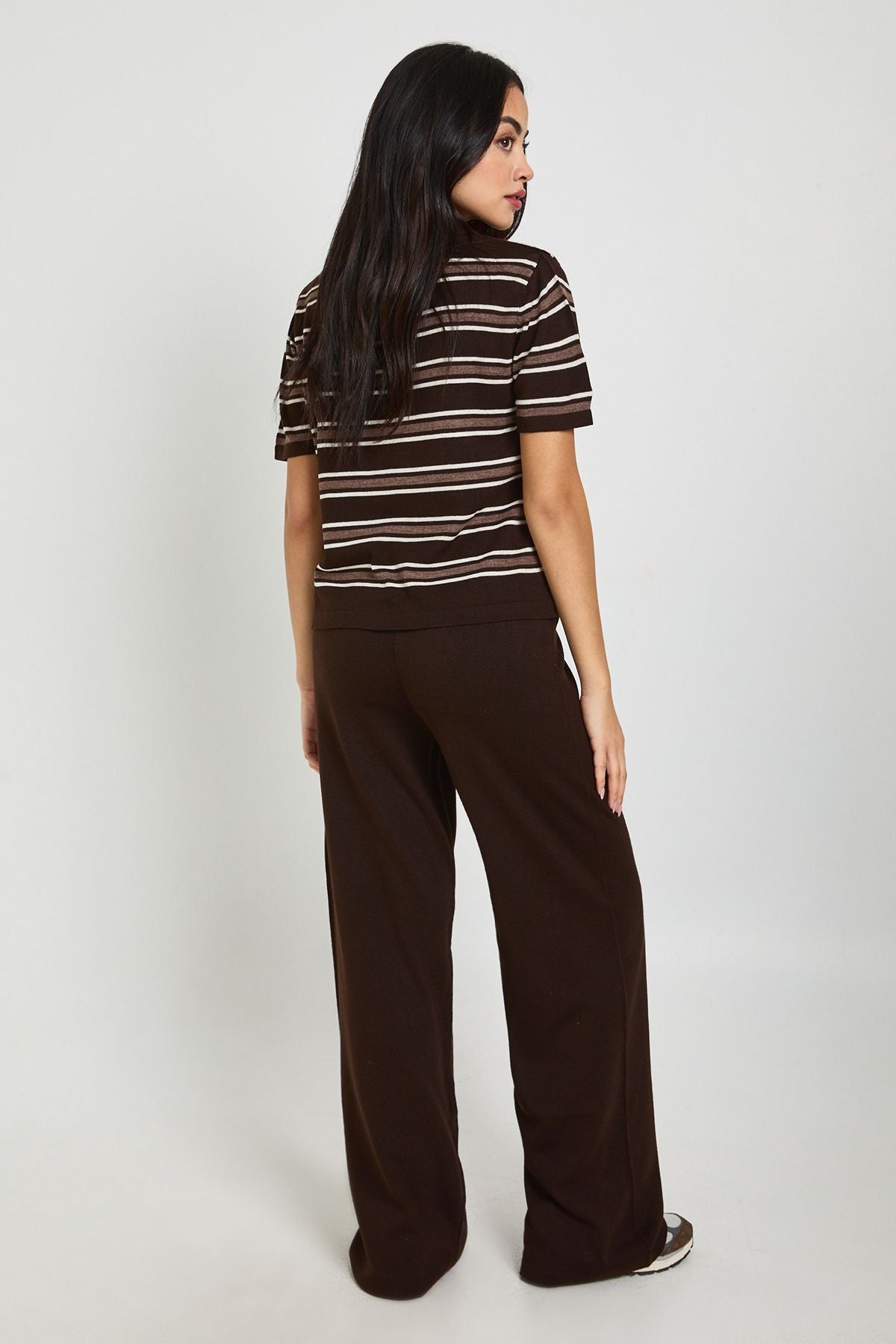 Placket Collar Short Sleeve Stripe Knitted Top And Trouser