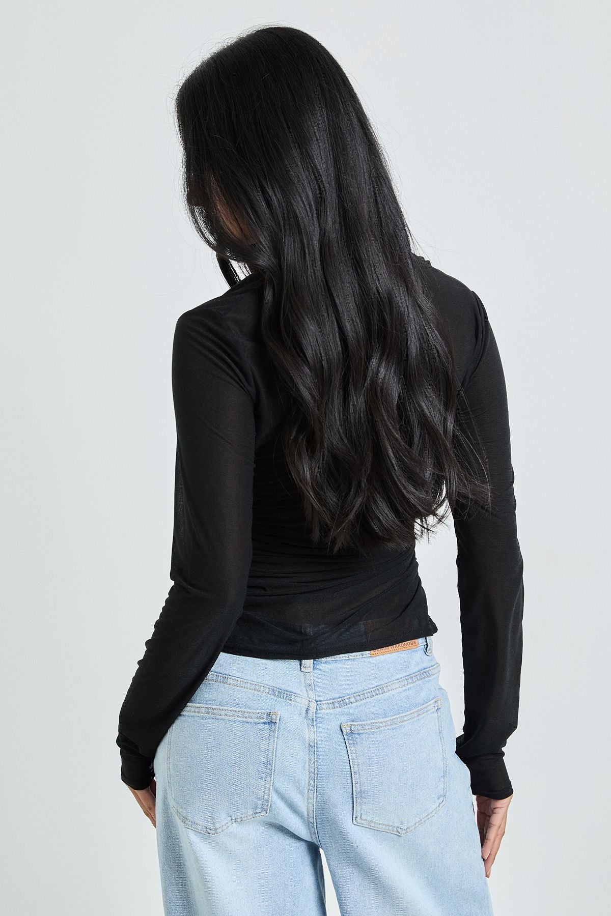 Sheer Textured Wrap Neck Long Sleeve Top