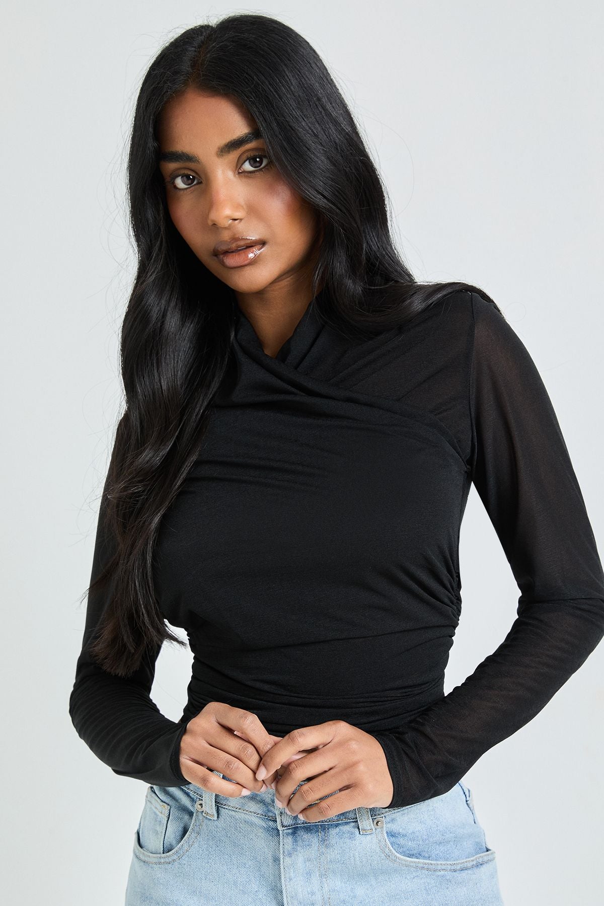Sheer Textured Wrap Neck Long Sleeve Top