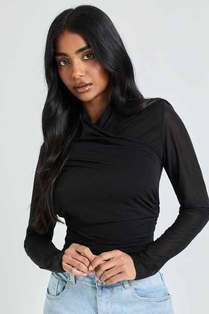 Sheer Textured Wrap Neck Long Sleeve Top