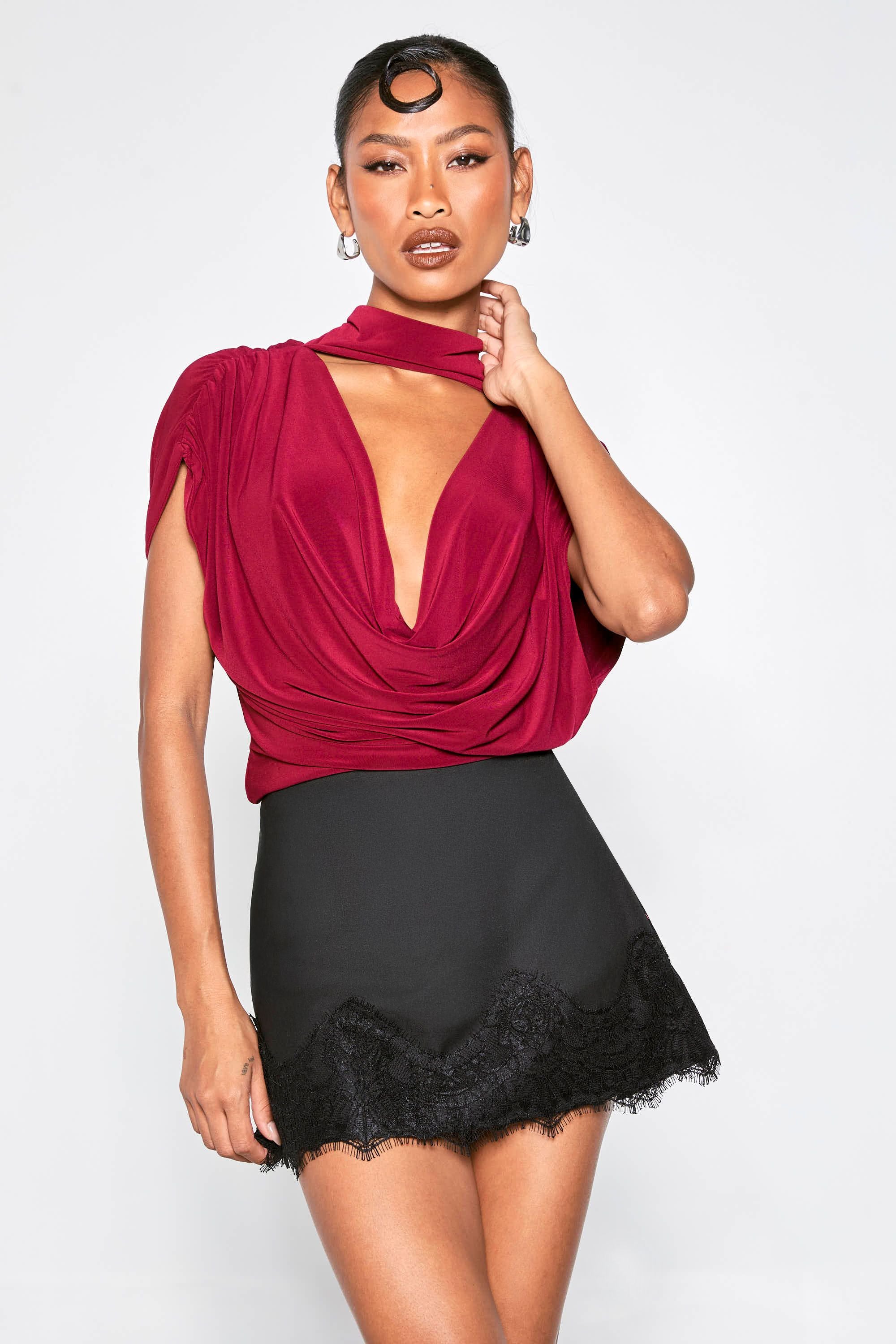 Double Layer Slinky Scarf Detail Ruched Shoulder Bodysuit