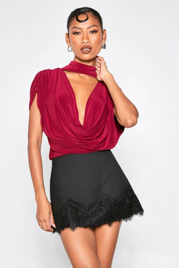 Double Layer Slinky Scarf Detail Ruched Shoulder Bodysuit