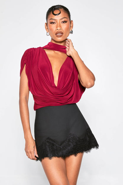 Double Layer Slinky Scarf Detail Ruched Shoulder Bodysuit
