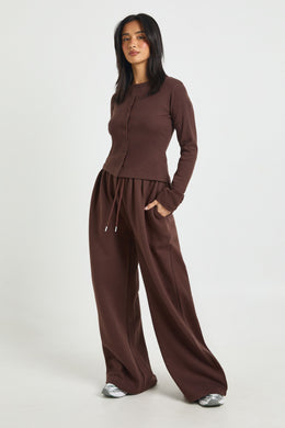 Petite Rib Button Through Long Sleeve Top Tracksuit