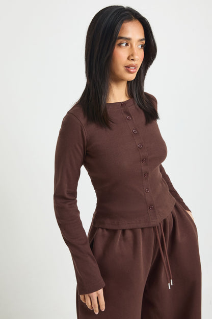 Petite Rib Button Through Long Sleeve Top Tracksuit