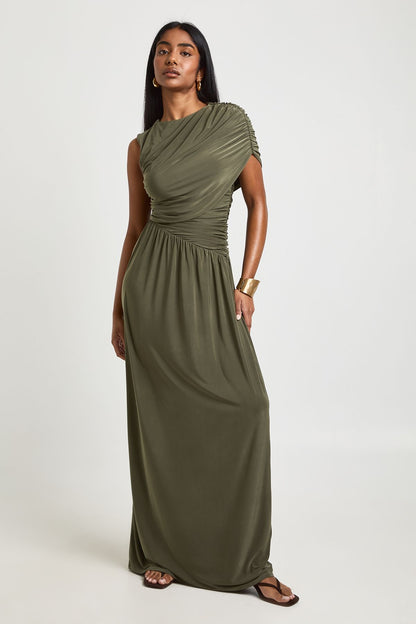 Double Layer Slinky Sleeveless Ruched Body Maxi Dress