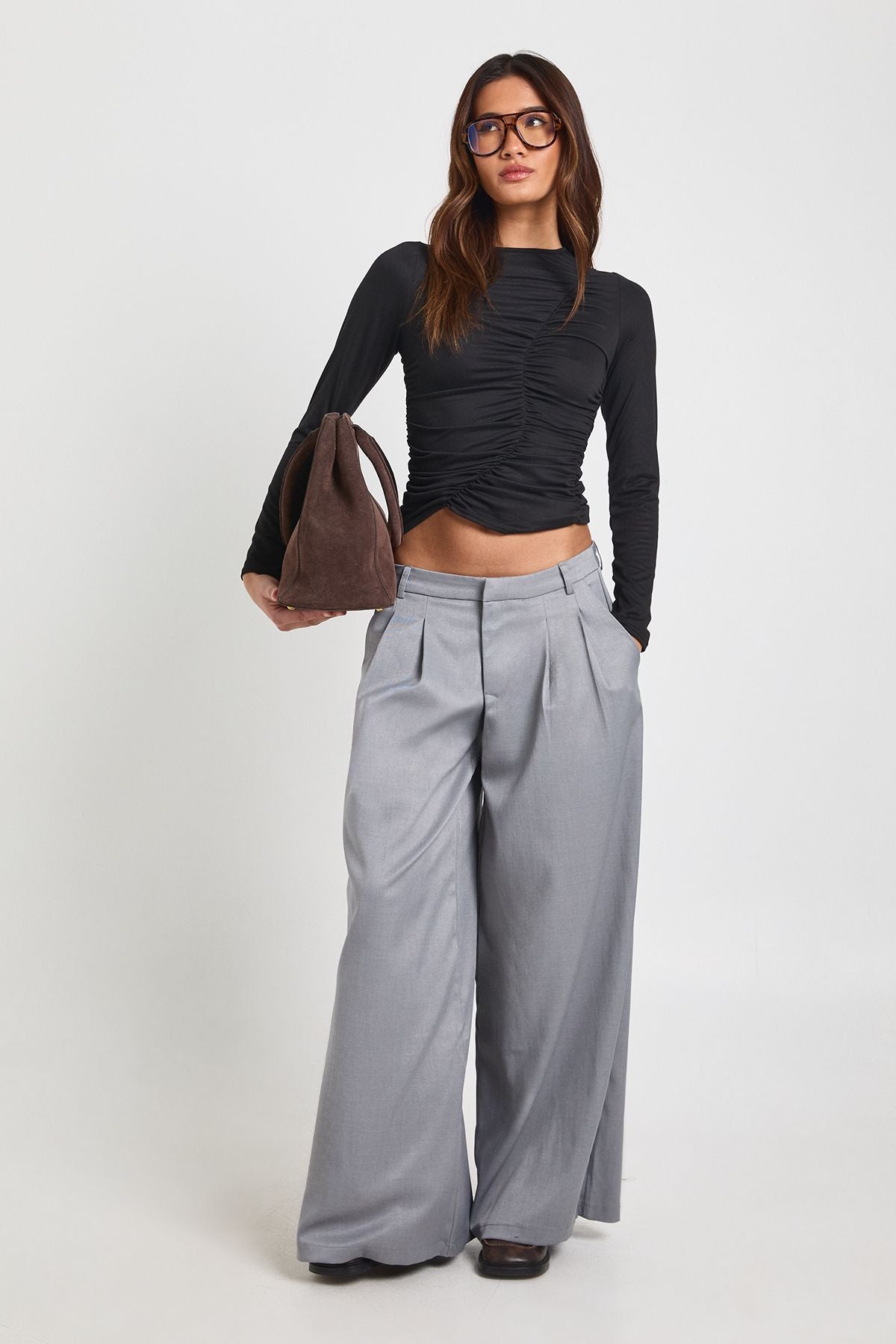 Asymmetric Ruched Detail Long Sleeve Top