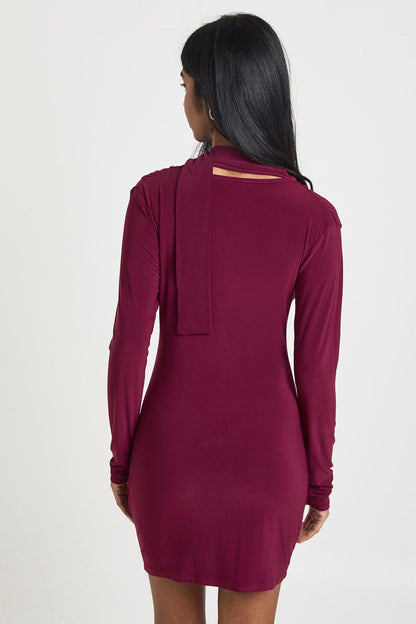 Slinky Plunge Front Scarf Detail Long Sleeve Mini Dress