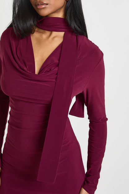 Slinky Plunge Front Scarf Detail Long Sleeve Mini Dress