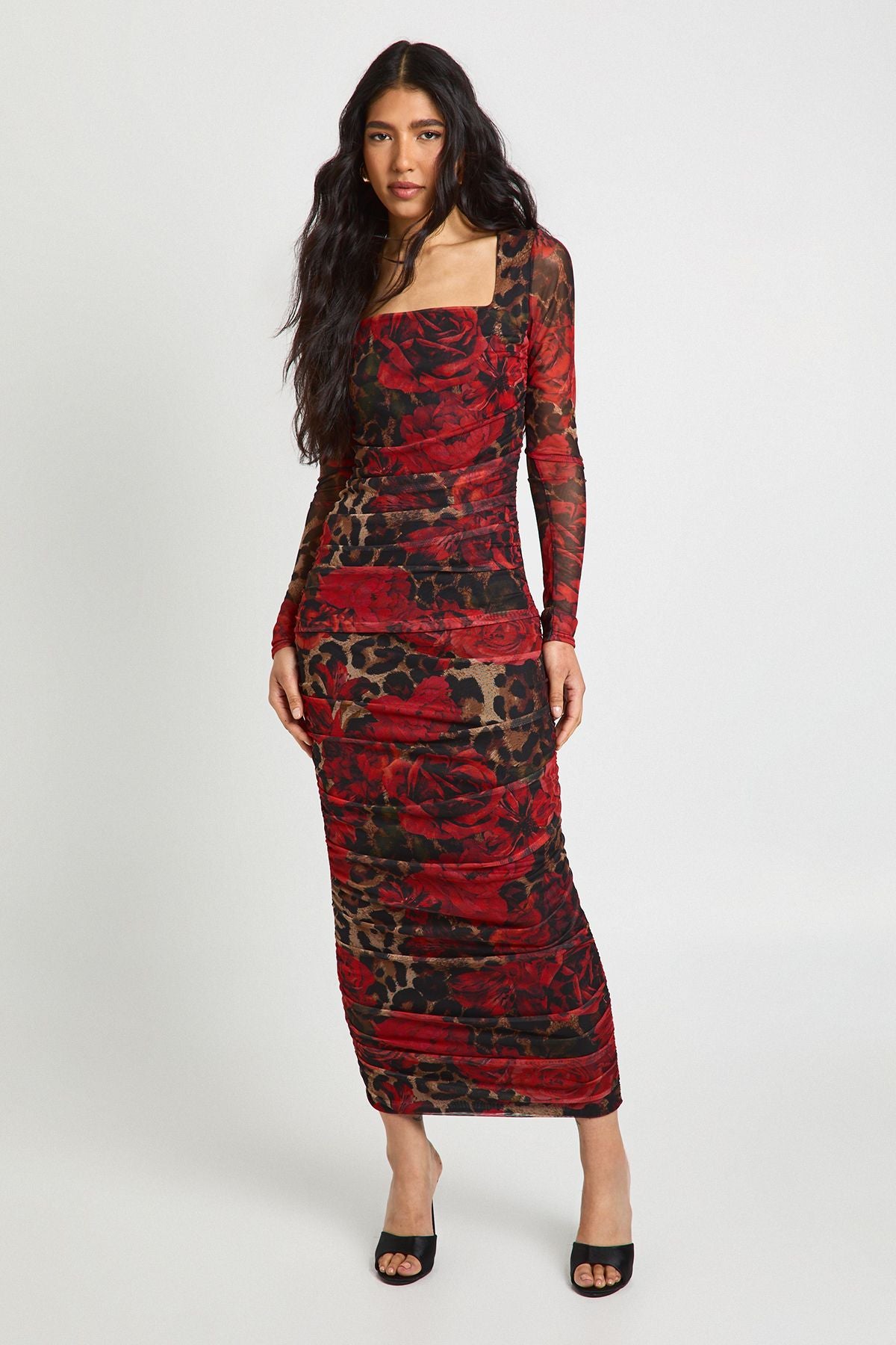 Tall Leopard Floral Mesh Square Neck Ruched Midi Dress