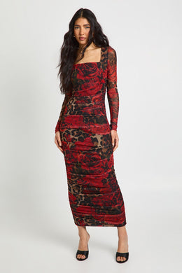 Tall Leopard Floral Mesh Square Neck Ruched Midi Dress