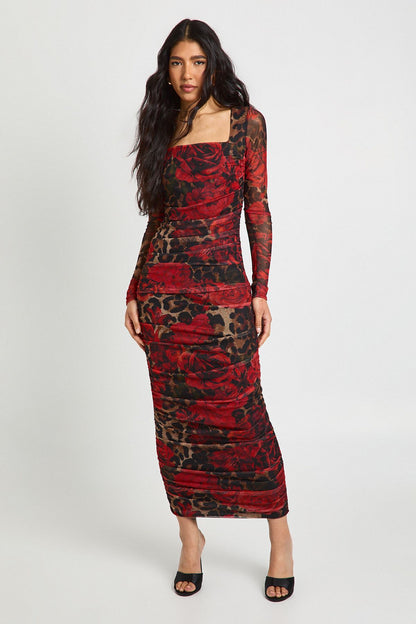 Tall Leopard Floral Mesh Square Neck Ruched Midi Dress