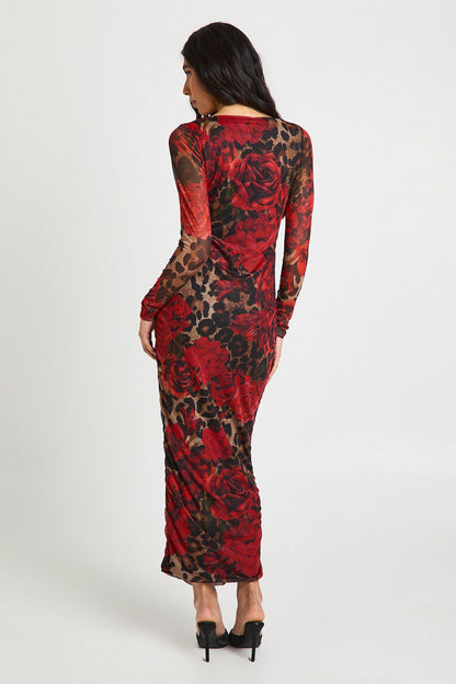 Tall Leopard Floral Mesh Square Neck Ruched Midi Dress