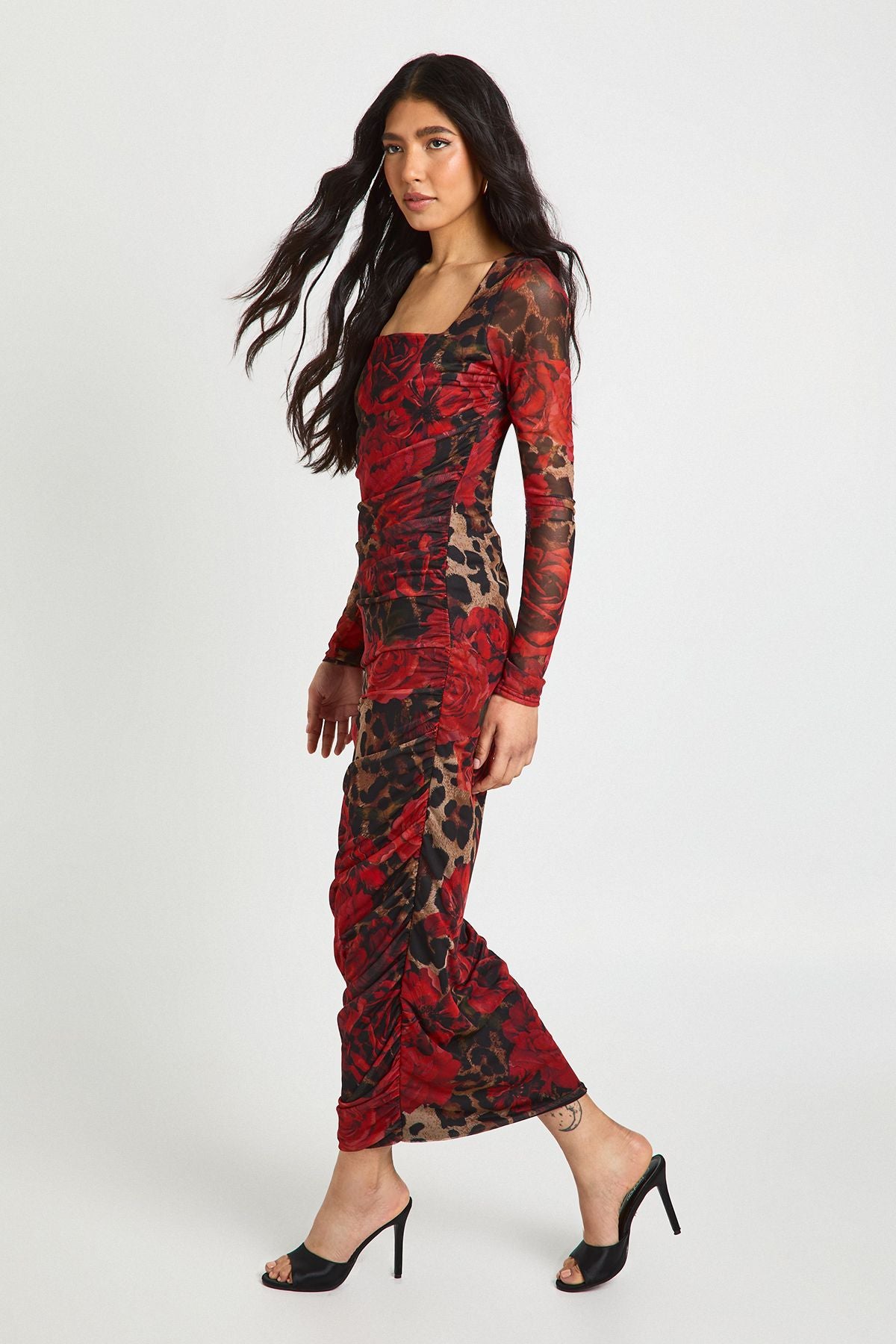 Tall Leopard Floral Mesh Square Neck Ruched Midi Dress