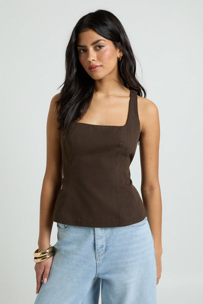 Twill Square Neck Peplum Top