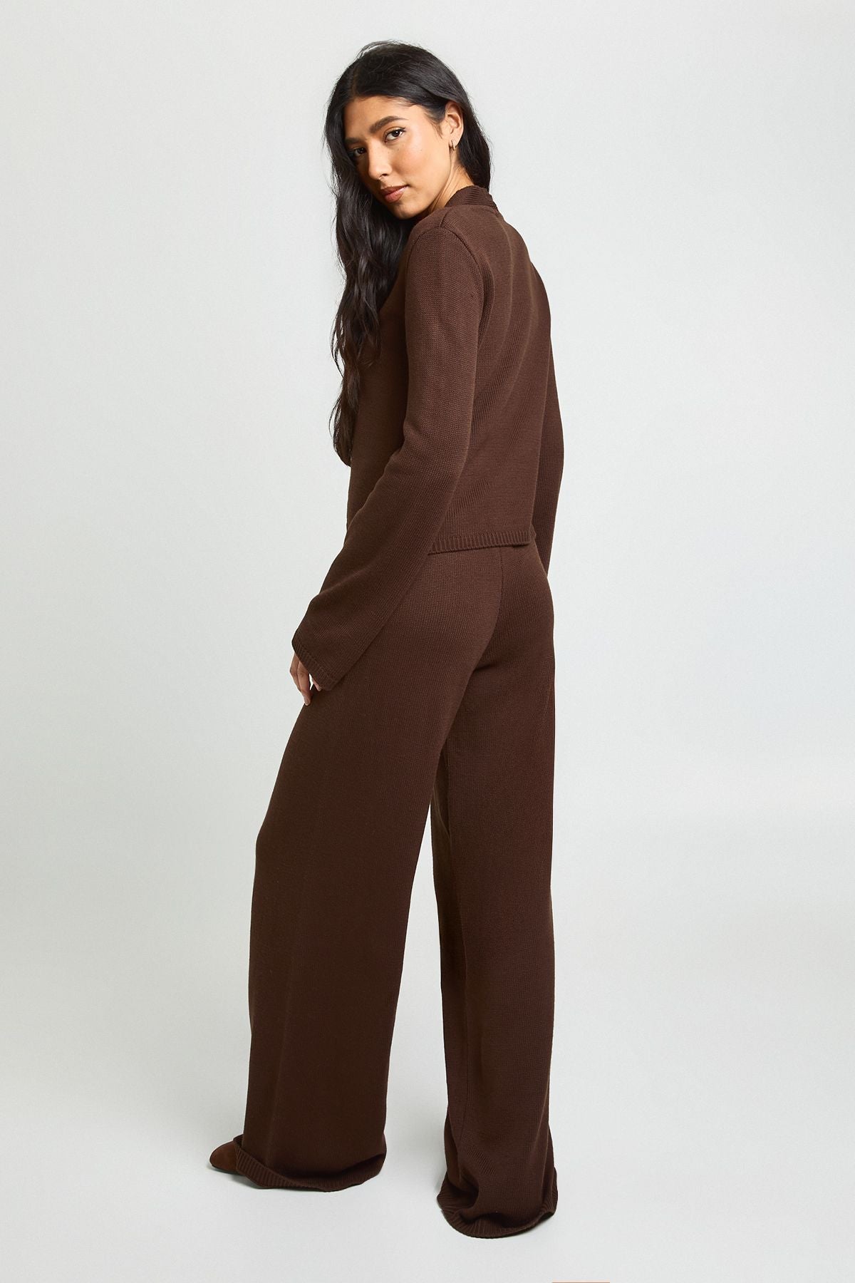 Tall Collar Detail Button Down Knitted Cardigan and Straight Leg Trouser Co-Ord