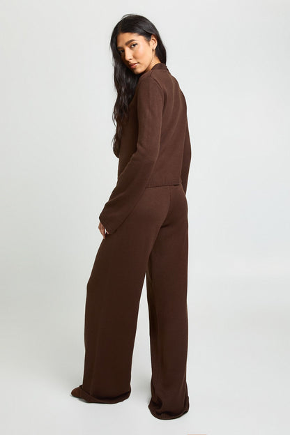 Tall Collar Detail Button Down Knitted Cardigan and Straight Leg Trouser Co-Ord