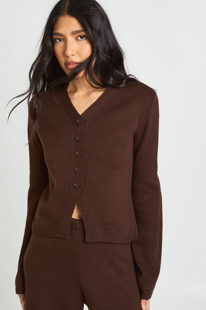 Tall Collar Detail Button Down Knitted Cardigan and Straight Leg Trouser Co-Ord