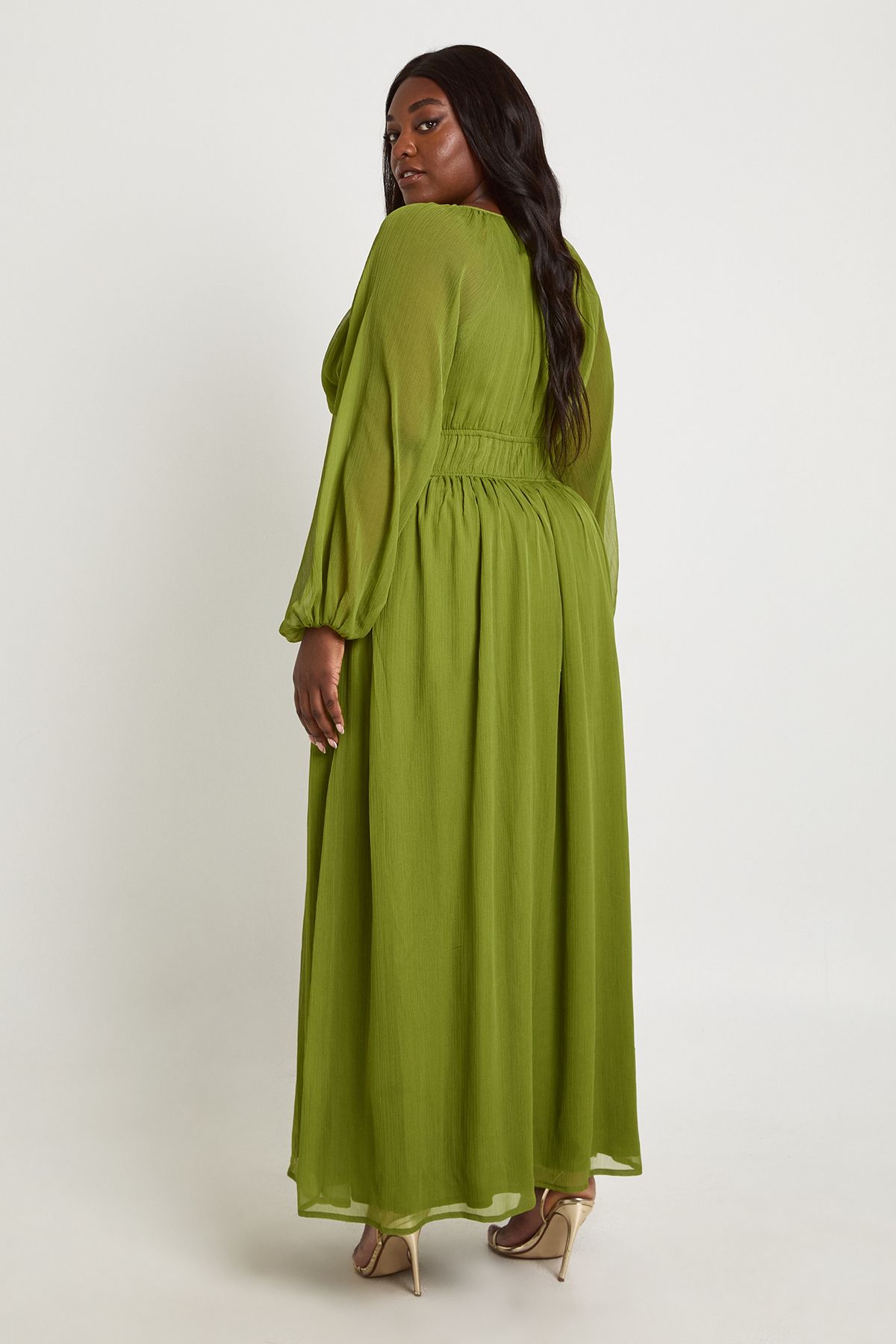 Plus Chiffon Ruched Blouson Sleeve Maxi Dress