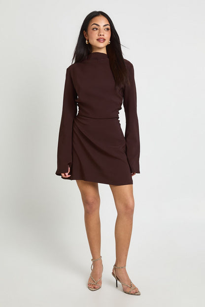 Long Sleeve Ruched High Neck Shift Dress