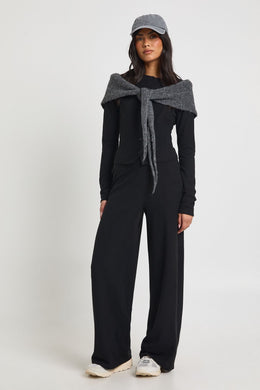 Petite Rib Button Through Long Sleeve Top and Wide Leg Trouser Co-ord