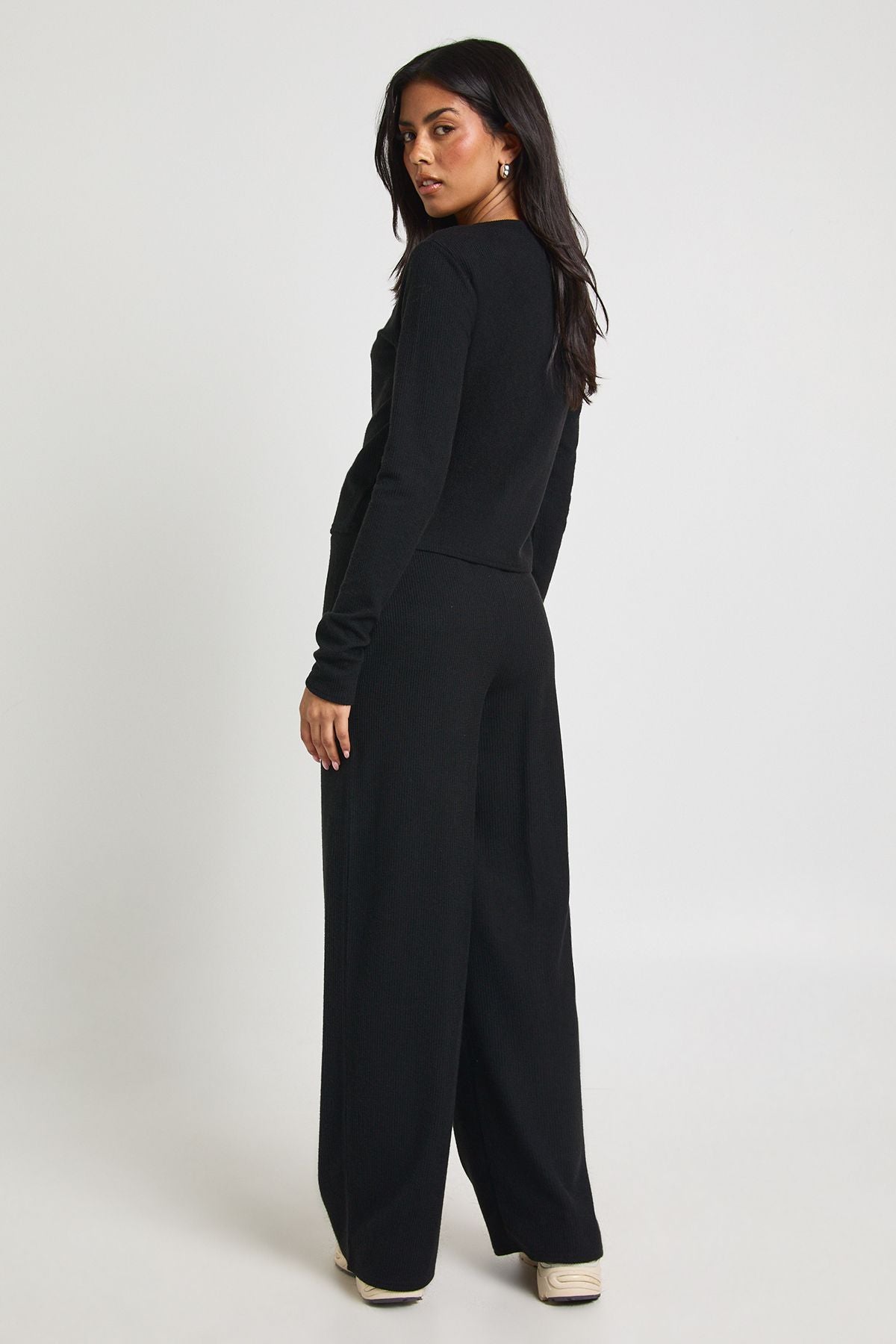 Petite Rib Button Through Long Sleeve Top and Wide Leg Trouser Co-ord