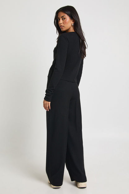 Petite Rib Button Through Long Sleeve Top and Wide Leg Trouser Co-ord
