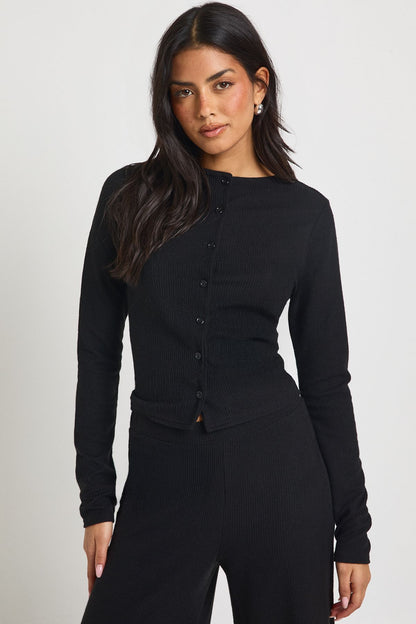 Petite Rib Button Through Long Sleeve Top and Wide Leg Trouser Co-ord