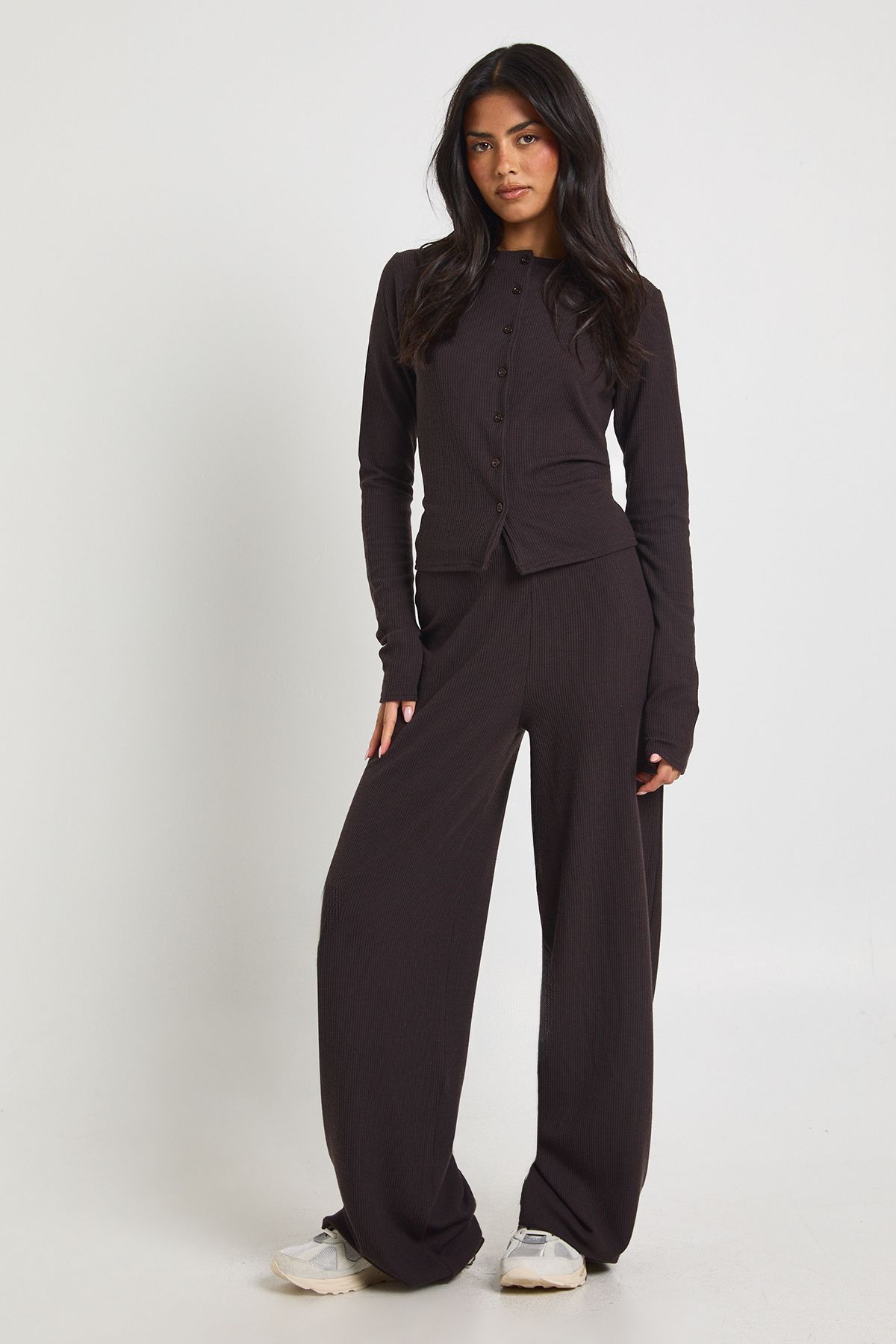 Tall Rib Button Through Long Sleeve Top and Wide Leg Trouser Co-ord