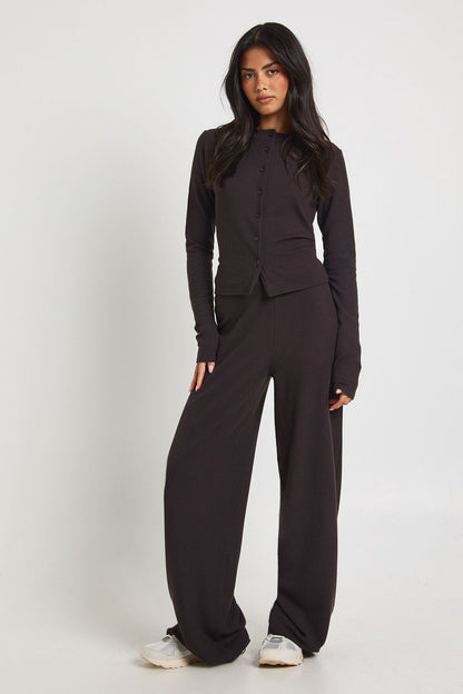 Tall Rib Button Through Long Sleeve Top and Wide Leg Trouser Co-ord
