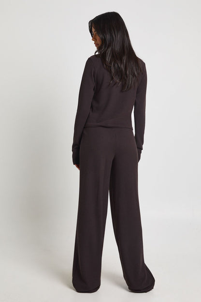 Tall Rib Button Through Long Sleeve Top and Wide Leg Trouser Co-ord