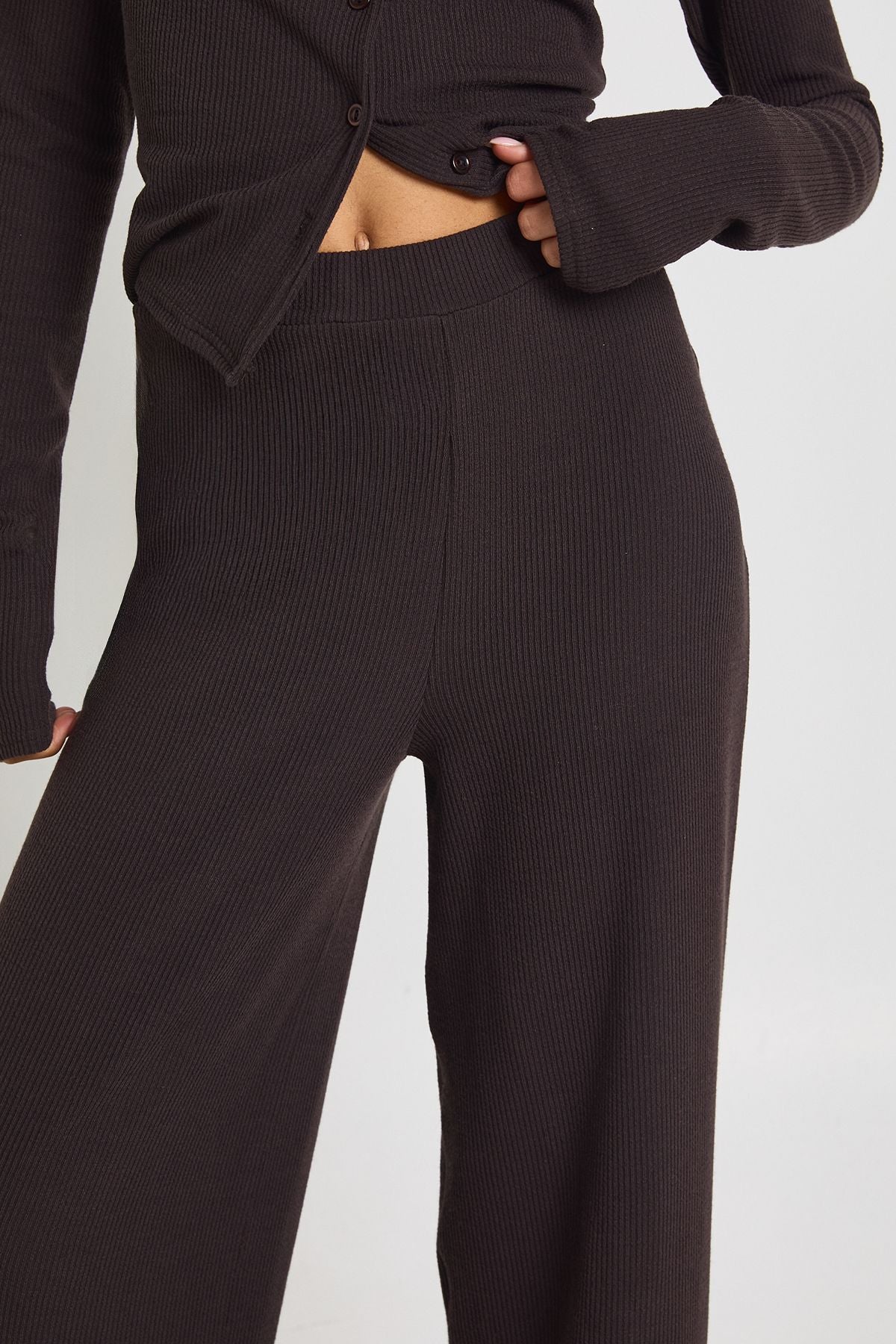 Tall Rib Button Through Long Sleeve Top and Wide Leg Trouser Co-ord