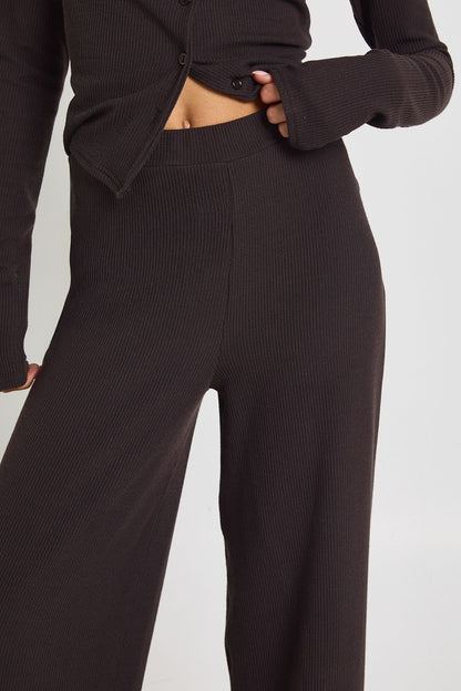 Tall Rib Button Through Long Sleeve Top and Wide Leg Trouser Co-ord