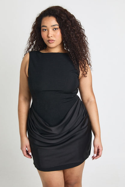 Plus Satin Drape Slash Neck Mini Dress