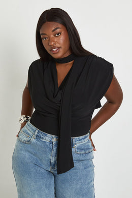 Plus Double Layer Slinky Scarf Detail Ruched Shoulder Bodysuit
