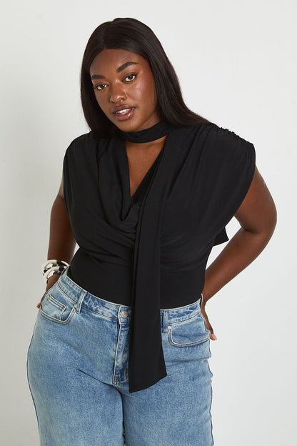 Plus Double Layer Slinky Scarf Detail Ruched Shoulder Bodysuit