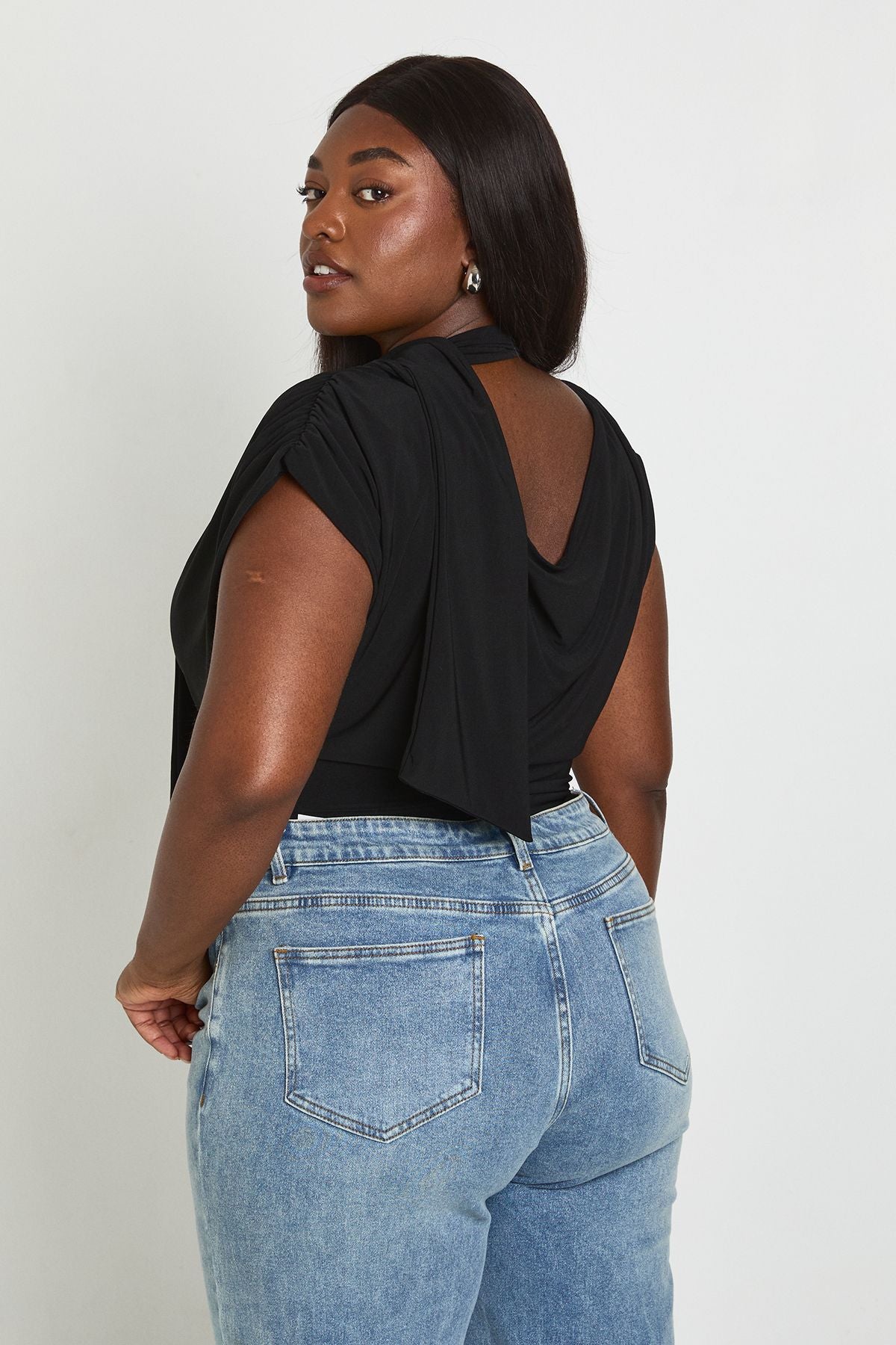 Plus Double Layer Slinky Scarf Detail Ruched Shoulder Bodysuit