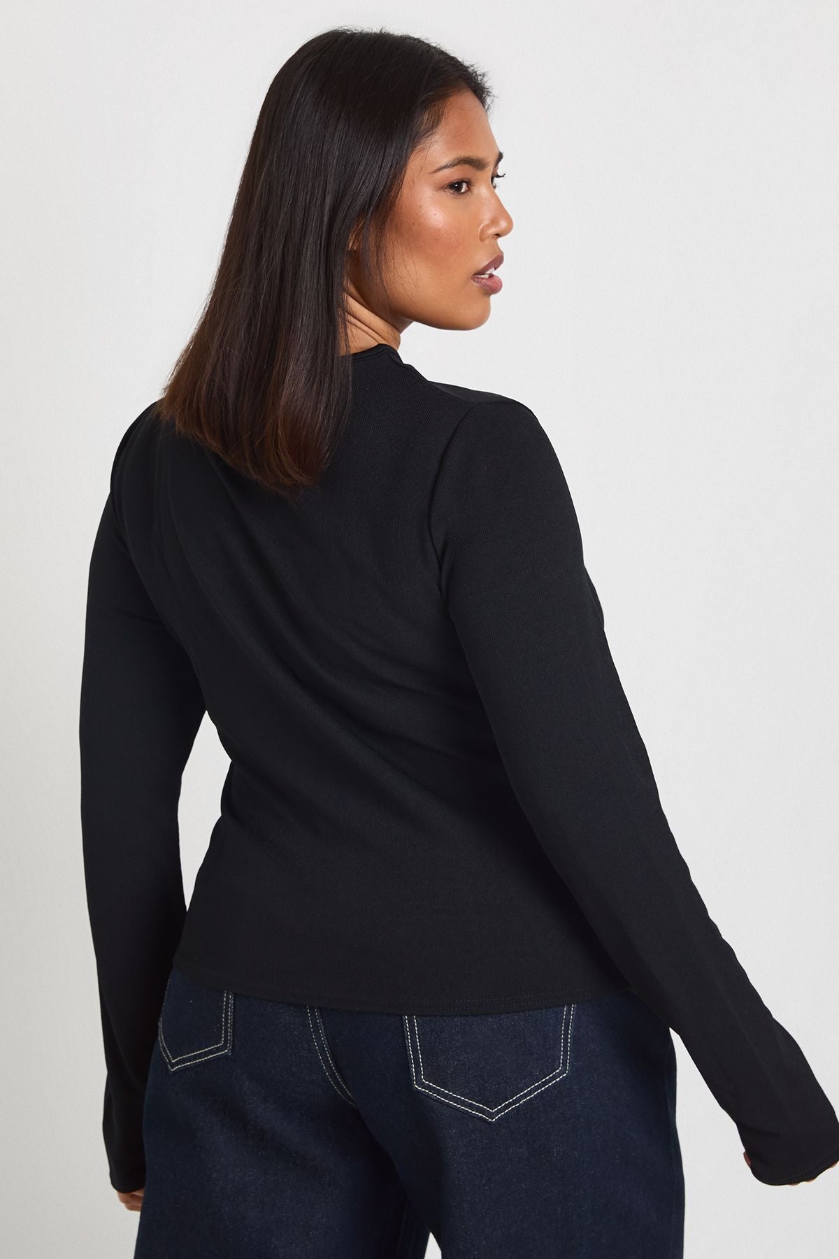 Plus Rib Gold Trim Detail Cut Out Long Sleeve