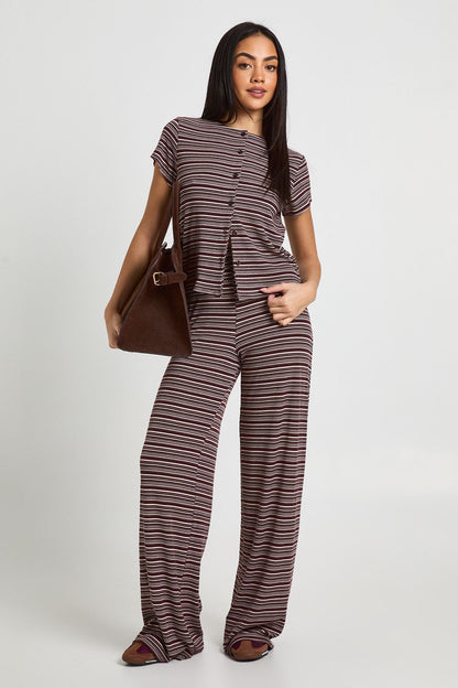 Stripe Rib Button Through Cap Sleeve Top and Trouser Set