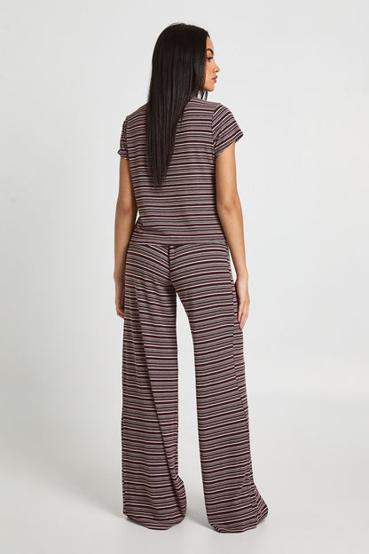 Stripe Rib Button Through Cap Sleeve Top and Trouser Set