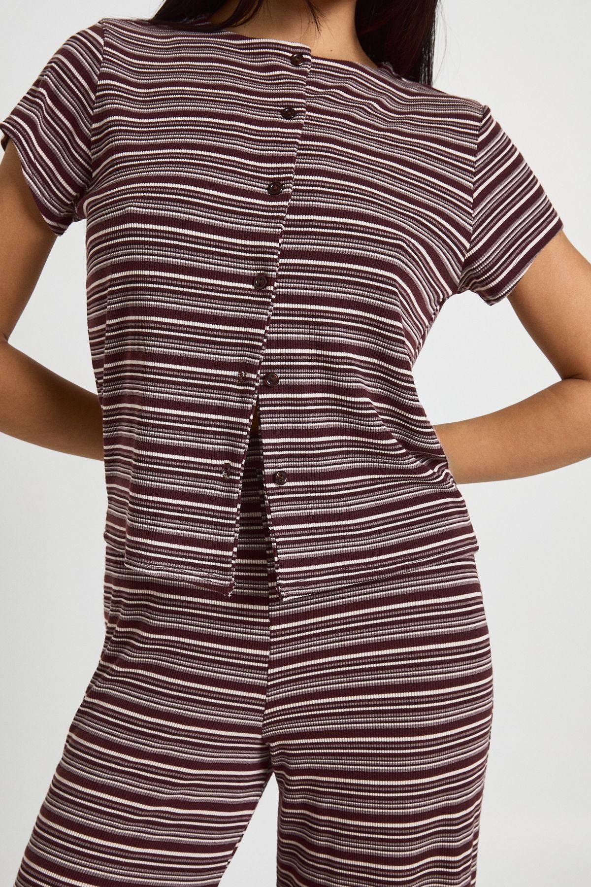 Stripe Rib Button Through Cap Sleeve Top and Trouser Set