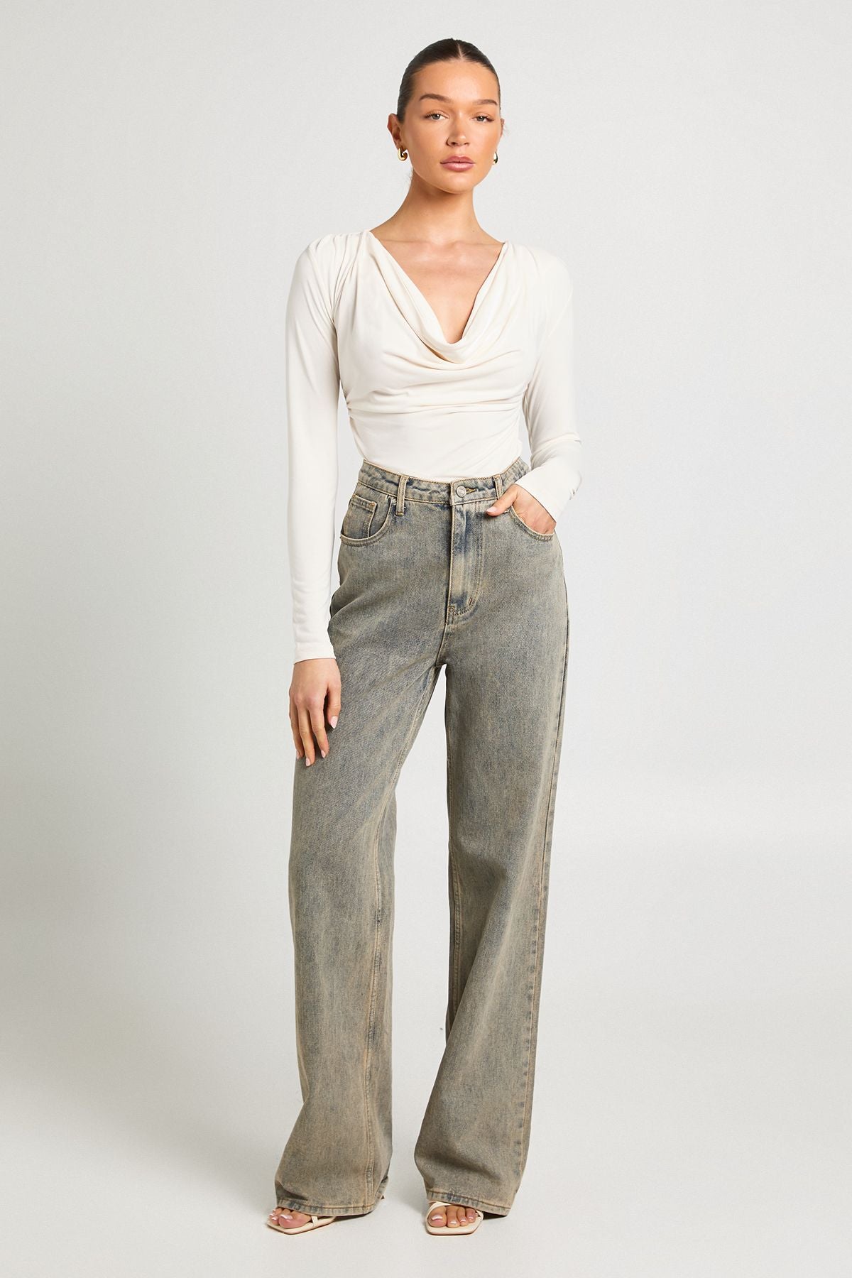 Cupro Cowl Neck Long Sleeve Crop Top